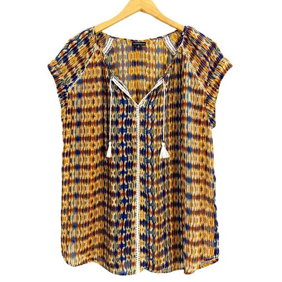 Hannah Multicolor His Lion Tassel Tie Front Crochet Detail Blouse, Size Medium - Picture 2 of 11